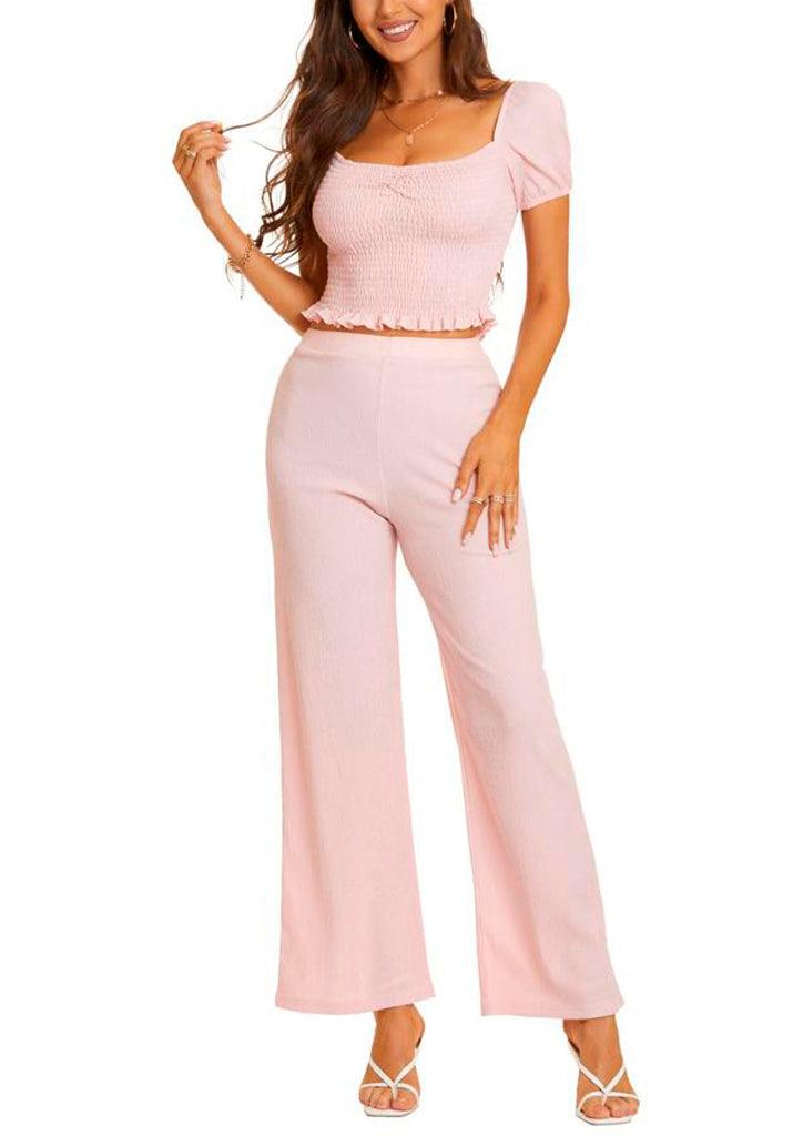 Completo Mujer Top Crop Escote V Botones Elegante Pantalón Palazzo