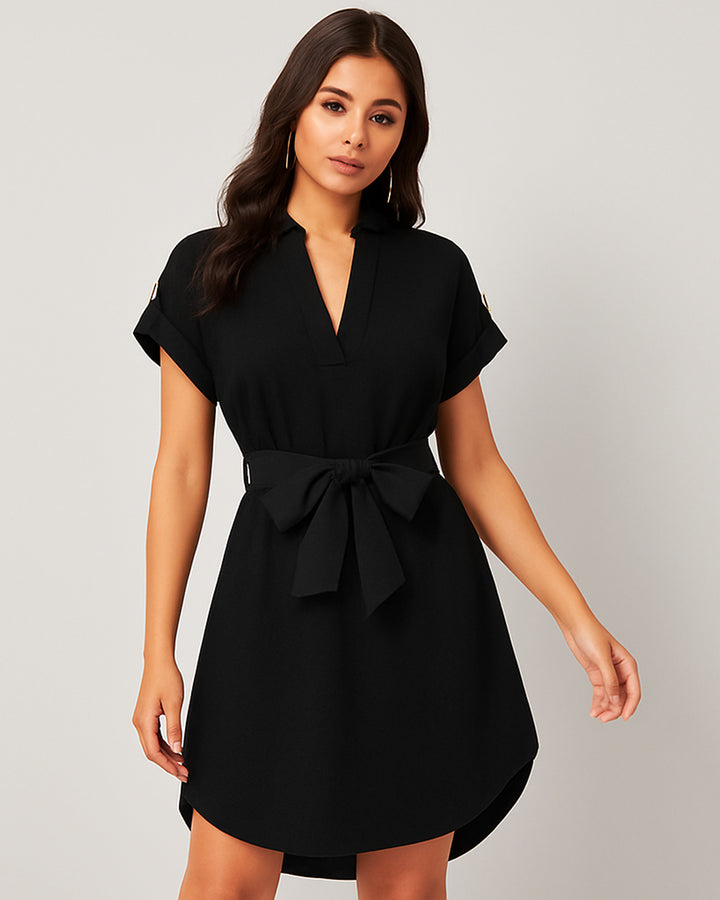 Vestido de Cuello V Asimétrico con Cinta de Amarre en Cintura - LIZAPONS