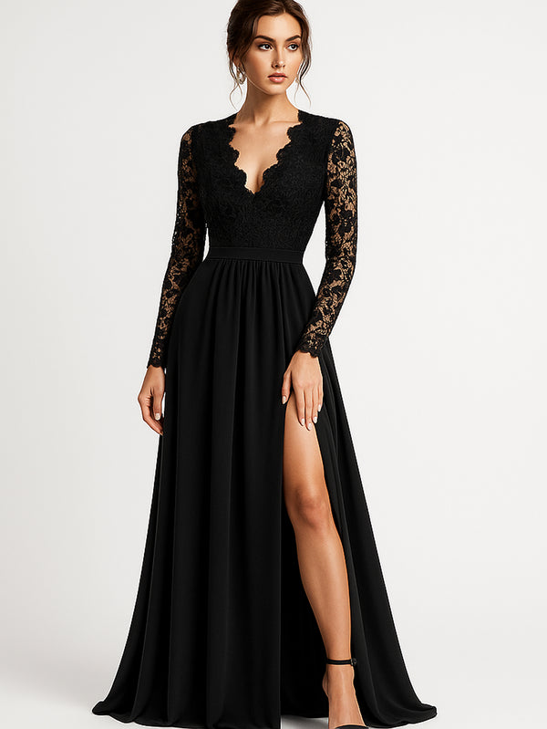 Long-sleeved V-neck lace party dress