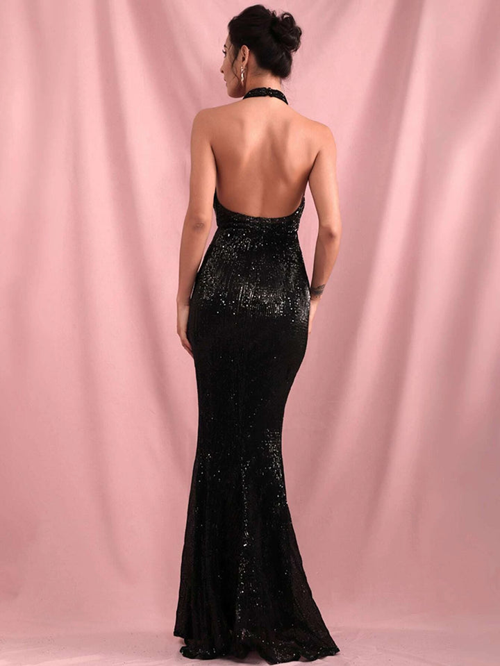 Vestido Fiesta de Cuello Halter y Espalda Desnuda de Lentejuelas - LIZAPONS