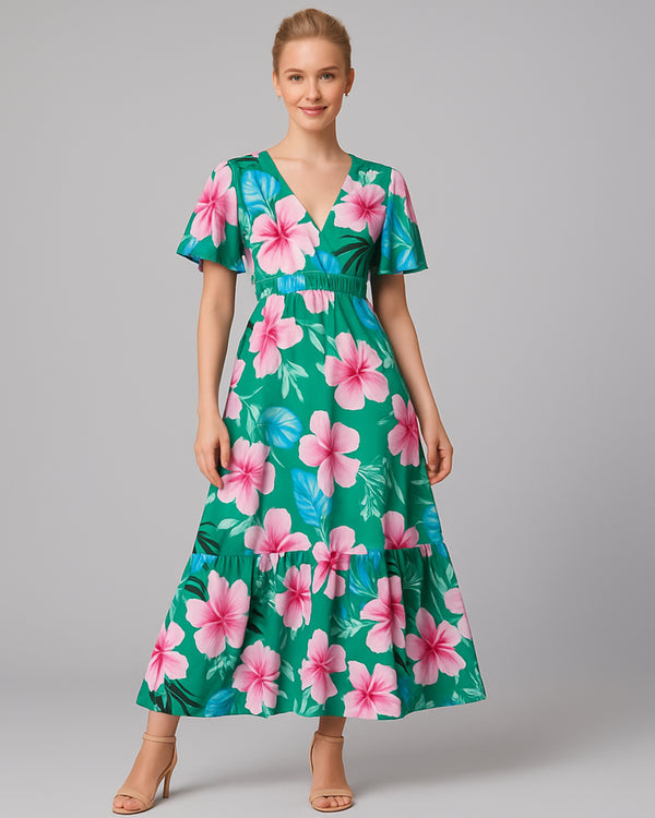 Vestido Maxi Largo Elegante de Estampado Floral y Manga Corta