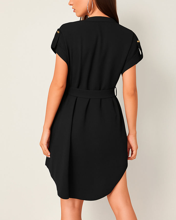 Vestido de Cuello V Asimétrico con Cinta de Amarre en Cintura - LIZAPONS