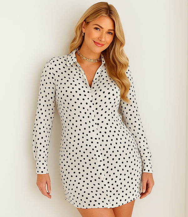 Vestido Camisero Estampado Lunares de Cuello Sport y Botones