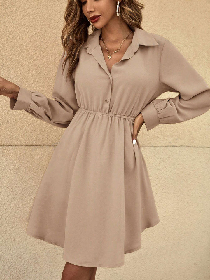 Vestido Camisero de Cuello V y Manga Larga con Botones y Resorte en Cintura - LIZAPONS