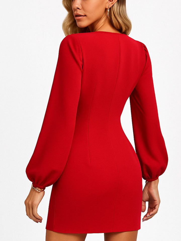Vestido Casual Fruncido de Manga Larga Obispo y Cuello V Cruzado al Frente - LIZAPONS