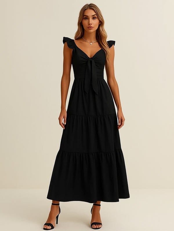 Vestido Vintage Largo en Capas de Cuello V con Nudo al Frente y Espalda Desnuda con Cinta de Amarre