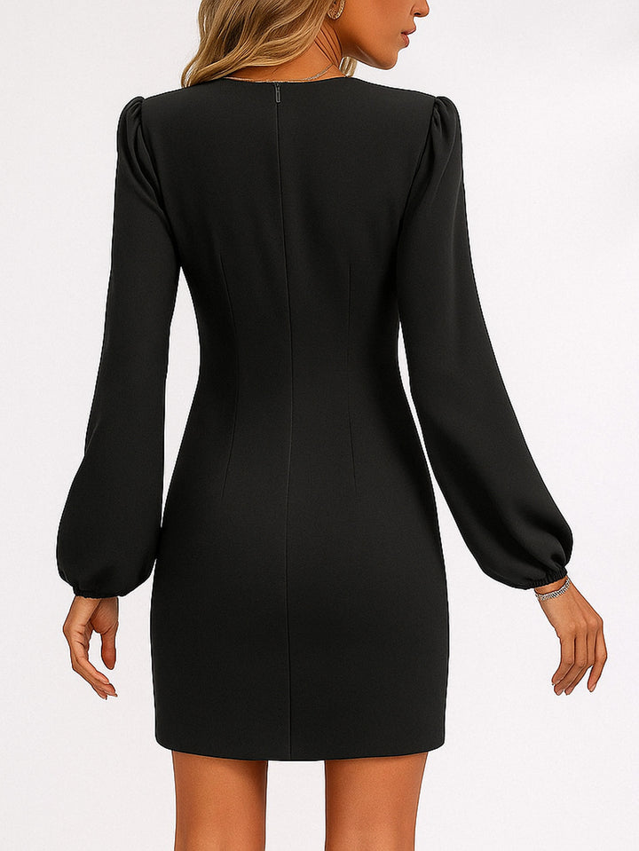 Vestido Casual Fruncido de Manga Larga Obispo y Cuello V Cruzado al Frente - LIZAPONS