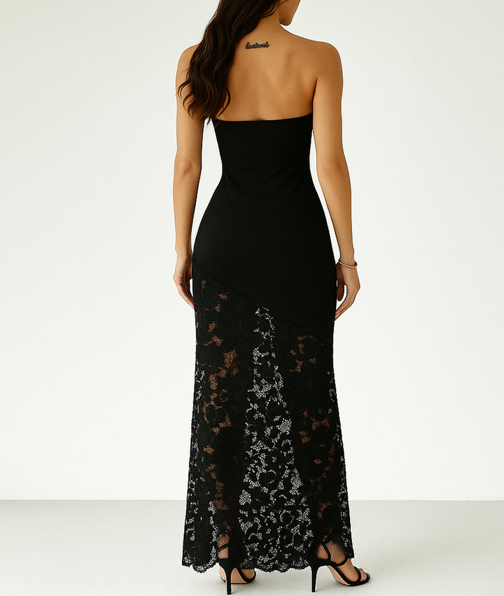 Vestido Negro Elegante Asimétrico de Encaje sin Tirantes - LIZAPONS
