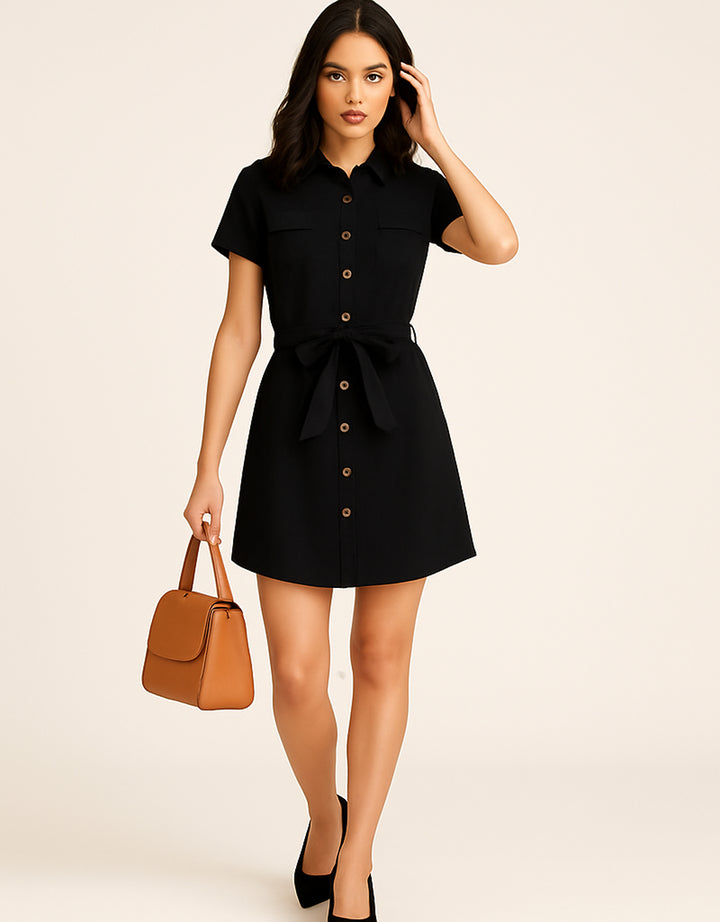 Vestido Camisero Negro Elegante con Cinturón y Botones - LIZAPONS