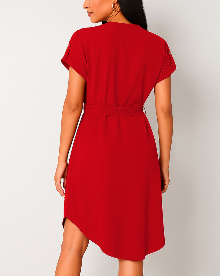 Vestido de Cuello V Asimétrico con Cinta de Amarre en Cintura - LIZAPONS