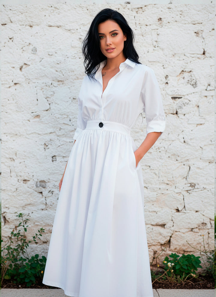 LIZAPONS Vestido Largo Elegante De Manga Larga Y Botón Con Bolsillos