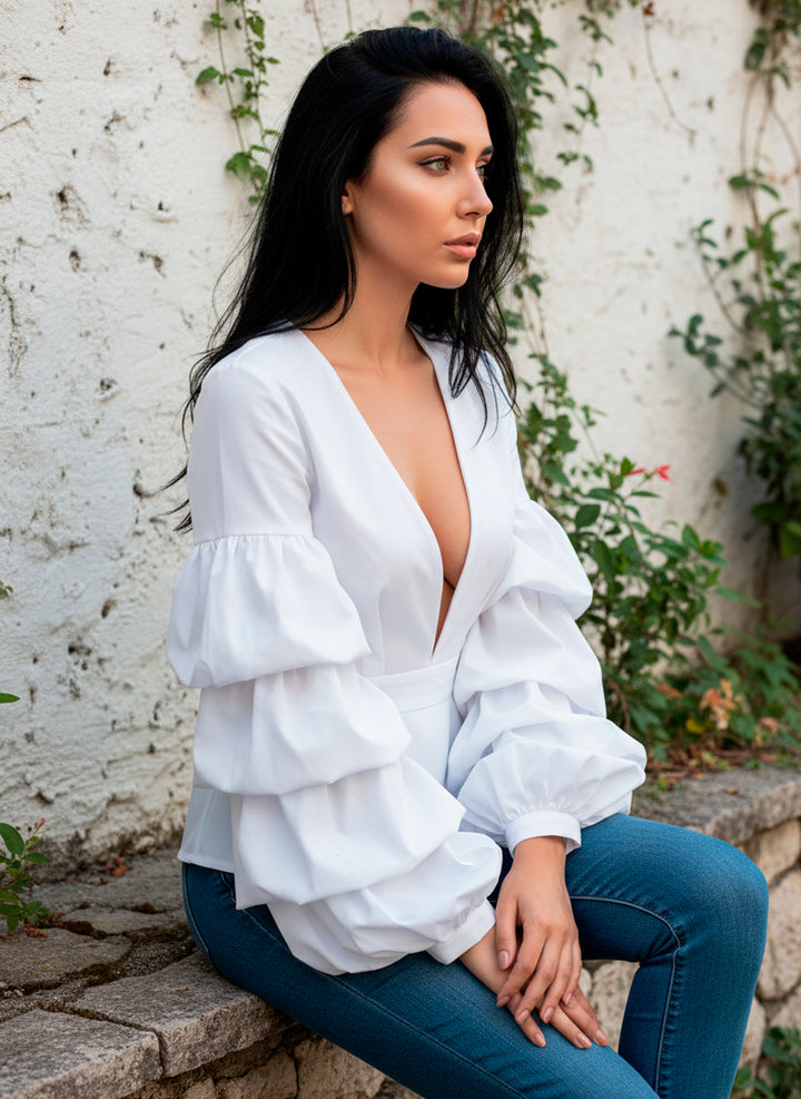 LIZAPONS Blusa de Manga Campana y Cintura Imperio de Escote en V