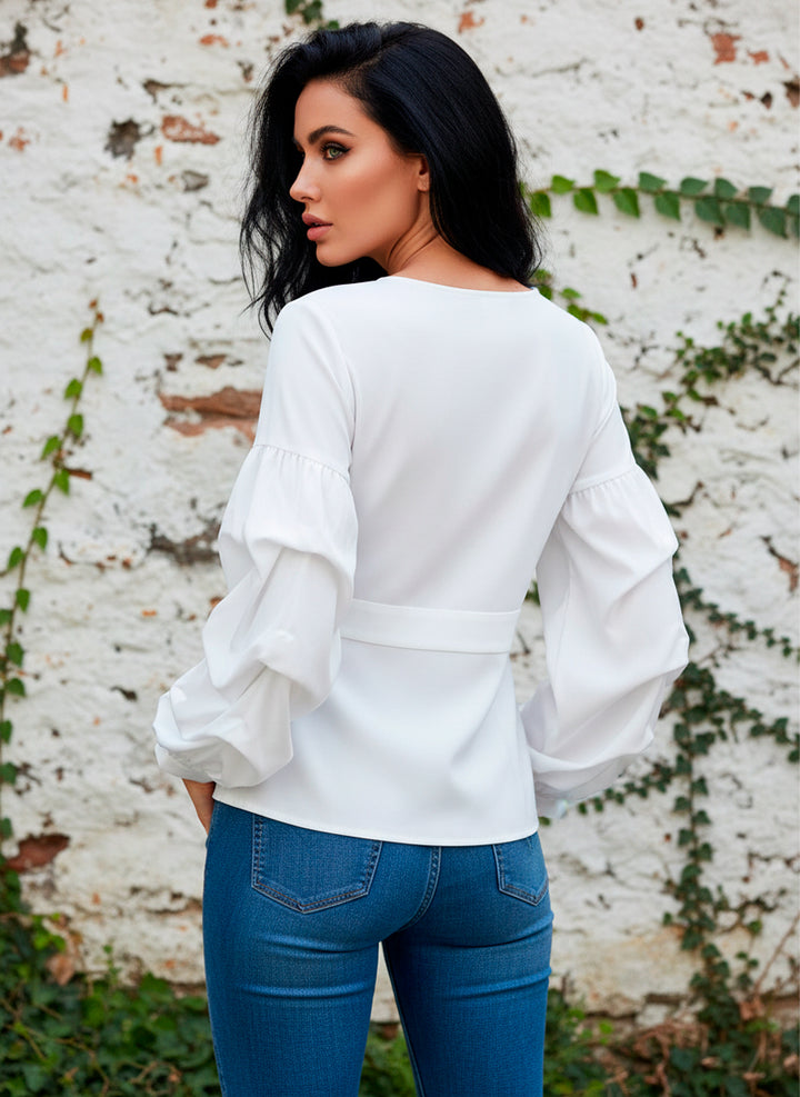 LIZAPONS Blusa de Manga Campana y Cintura Imperio de Escote en V