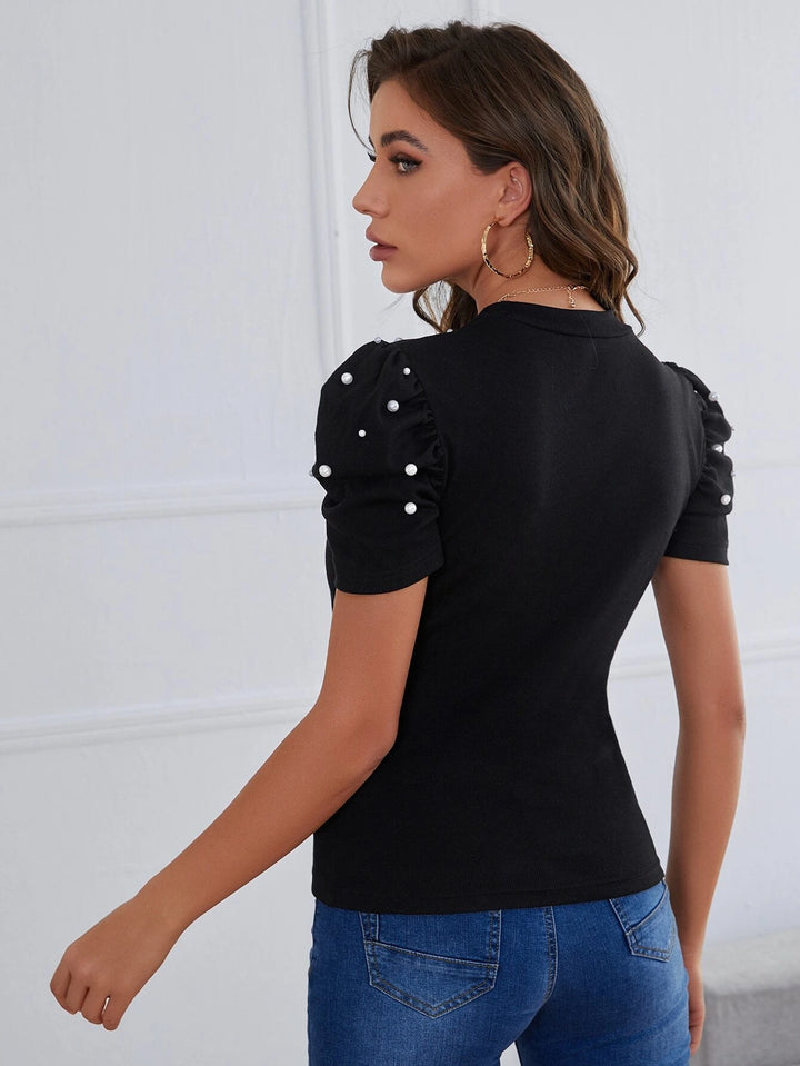 Blusa con Perlas de Cuello Alto y Manga Corta Farol - LIZAPONS