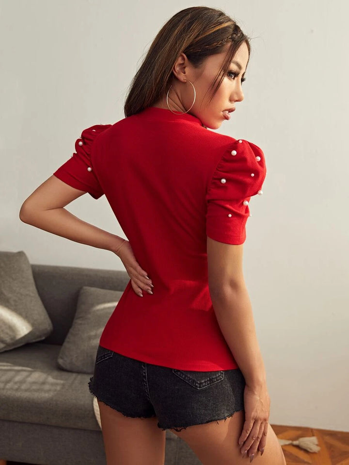 Blusa con Perlas de Cuello Alto y Manga Corta Farol - LIZAPONS
