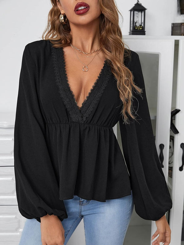 Blusa de manga larga con encaje en contraste de cuello v profundo - LIZAPONS