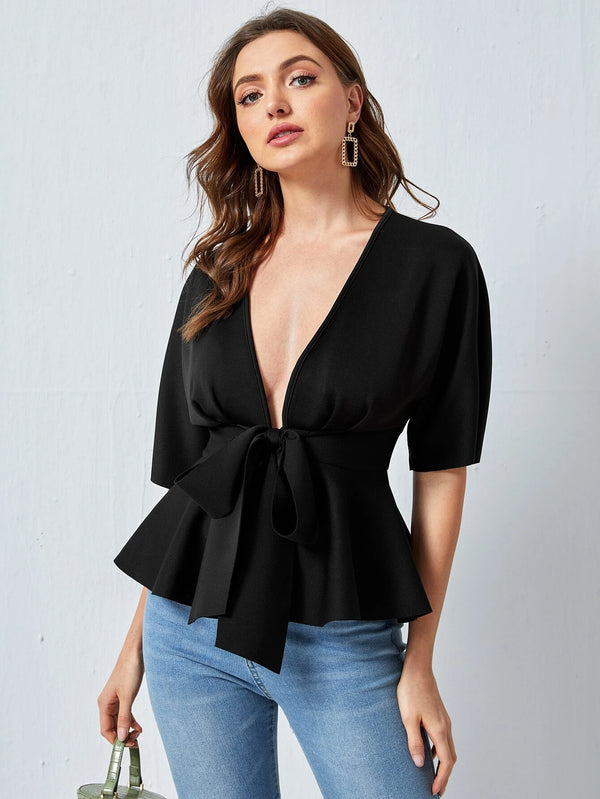 Blusa de Escote Profundo y Lazo en Cintura - LIZAPONS