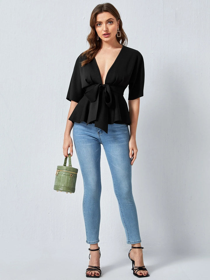 Blusa de Escote Profundo y Lazo en Cintura - LIZAPONS