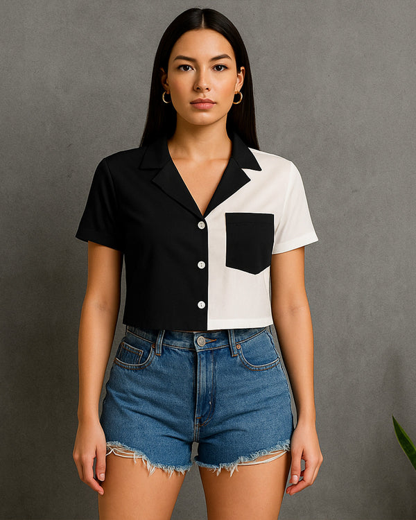 Blusa Corta de Cuello Sport y Color Combinado con Bolsillo y Botones - LIZAPONS