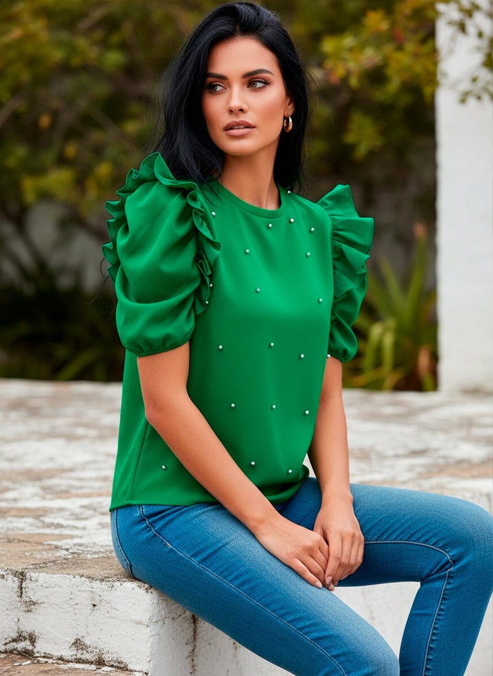 LIZAPONS Blusa De Manga Corta Con Olanes Y Perlas Incrustadas al Frente