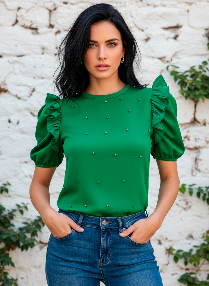 LIZAPONS Blusa De Manga Corta Con Olanes Y Perlas Incrustadas al Frente