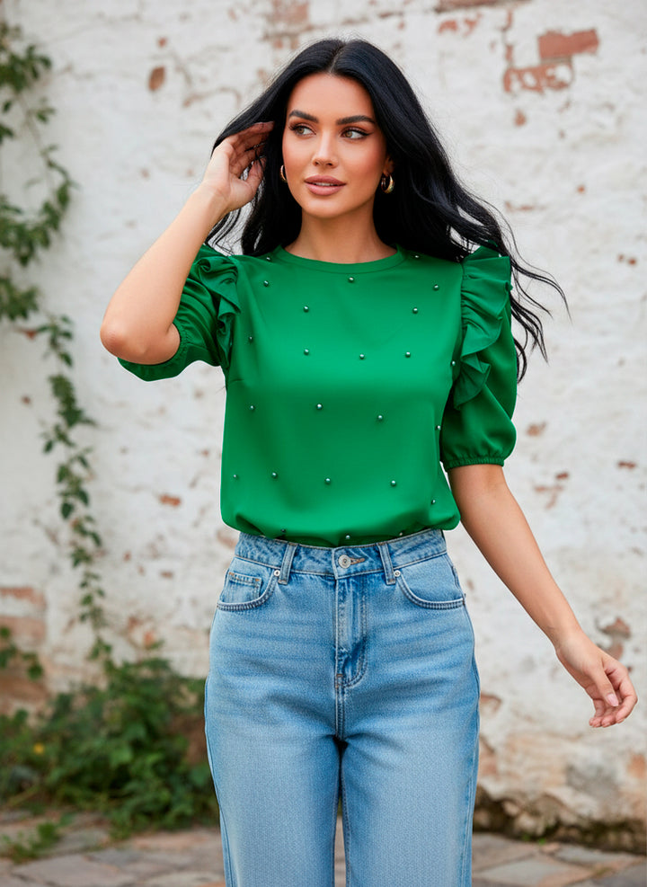 LIZAPONS Blusa De Manga Corta Con Olanes Y Perlas Incrustadas al Frente