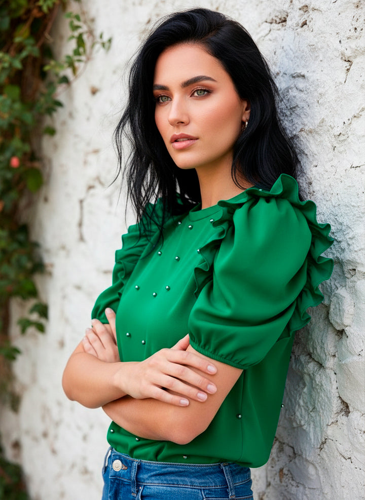 LIZAPONS Blusa De Manga Corta Con Olanes Y Perlas Incrustadas al Frente