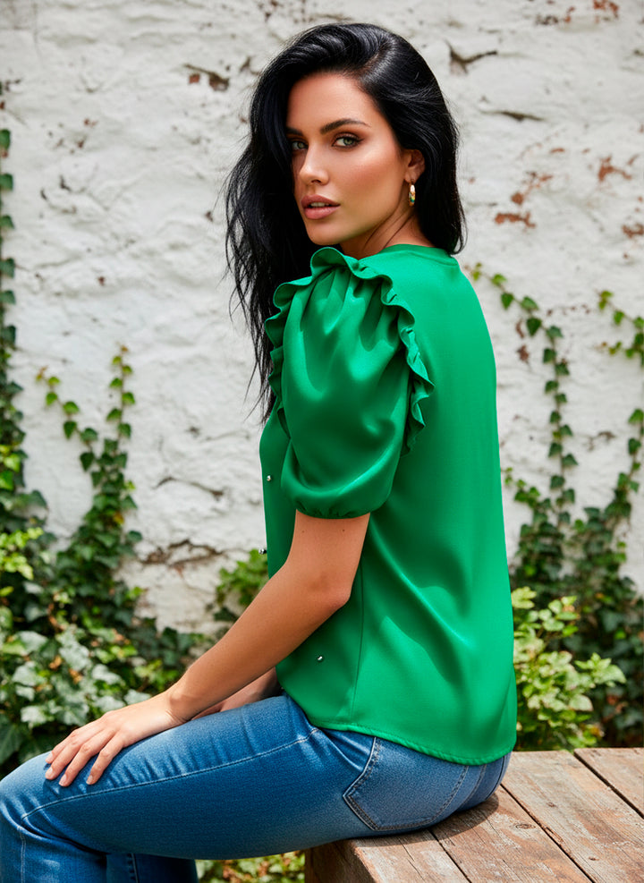 LIZAPONS Blusa De Manga Corta Con Olanes Y Perlas Incrustadas al Frente