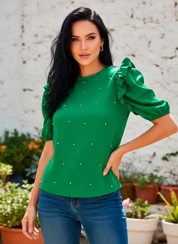 LIZAPONS Blusa De Manga Corta Con Olanes Y Perlas Incrustadas al Frente