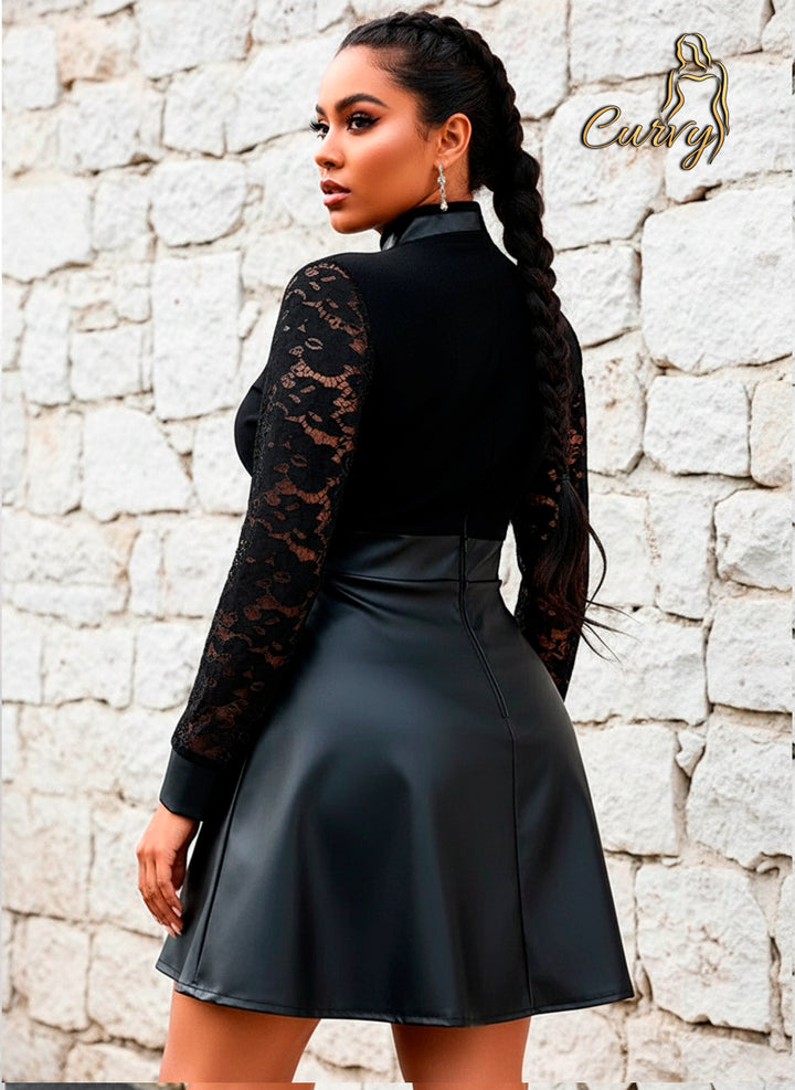 Vestido Negro con Mangas de Encaje y Falda de Vinipiel Acampanada Talla Curvy - LIZAPONS