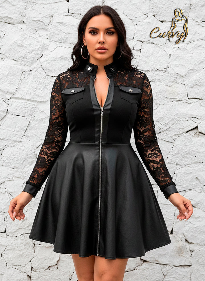 Vestido Negro con Mangas de Encaje y Falda de Vinipiel Acampanada Talla Curvy - LIZAPONS