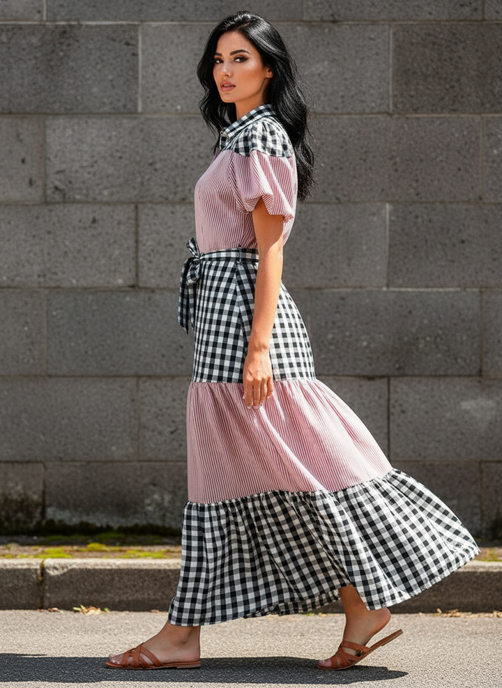 Vestido Casual Cuello Sport y Manga Corta de Tela Cuadro y Cinturón - LIZAPONS