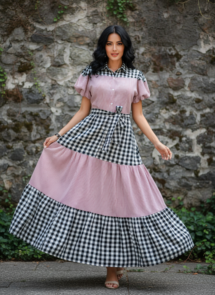 Vestido Casual Cuello Sport y Manga Corta de Tela Cuadro y Cinturón - LIZAPONS