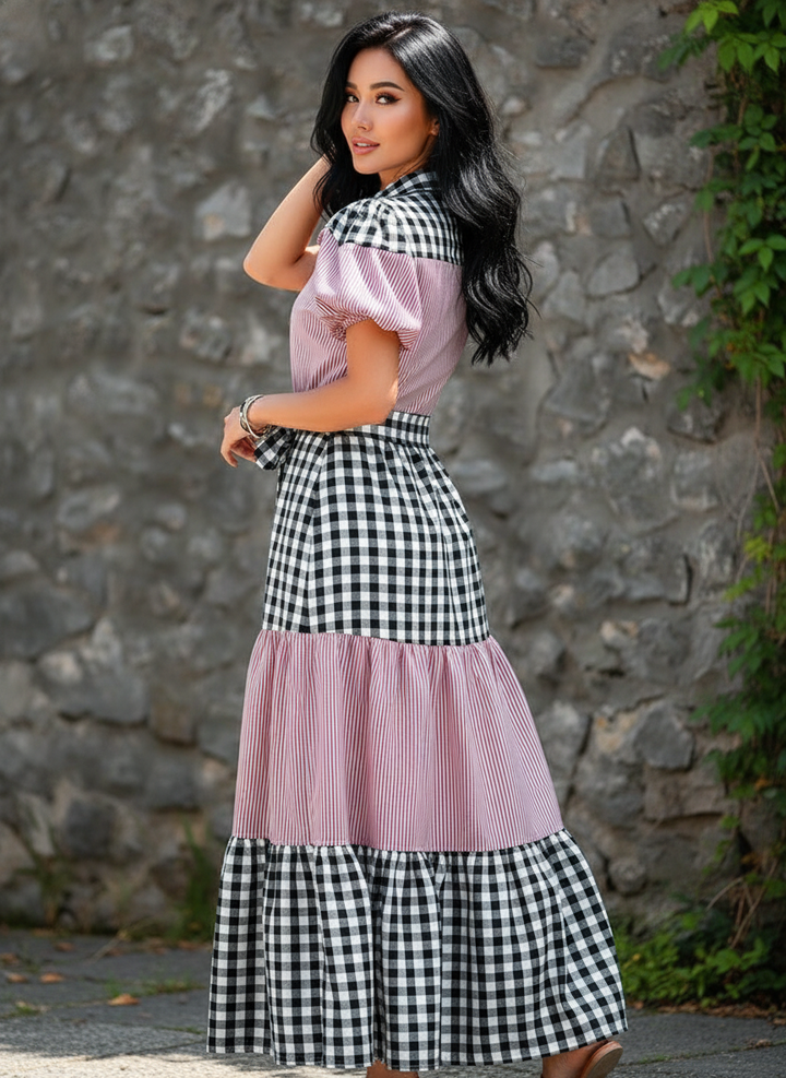 Vestido Casual Cuello Sport y Manga Corta de Tela Cuadro y Cinturón - LIZAPONS