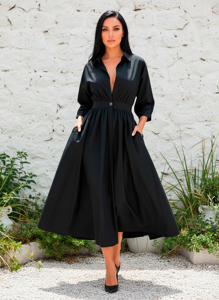 LIZAPONS Vestido Largo Elegante De Manga Larga Y Botón Con Bolsillos