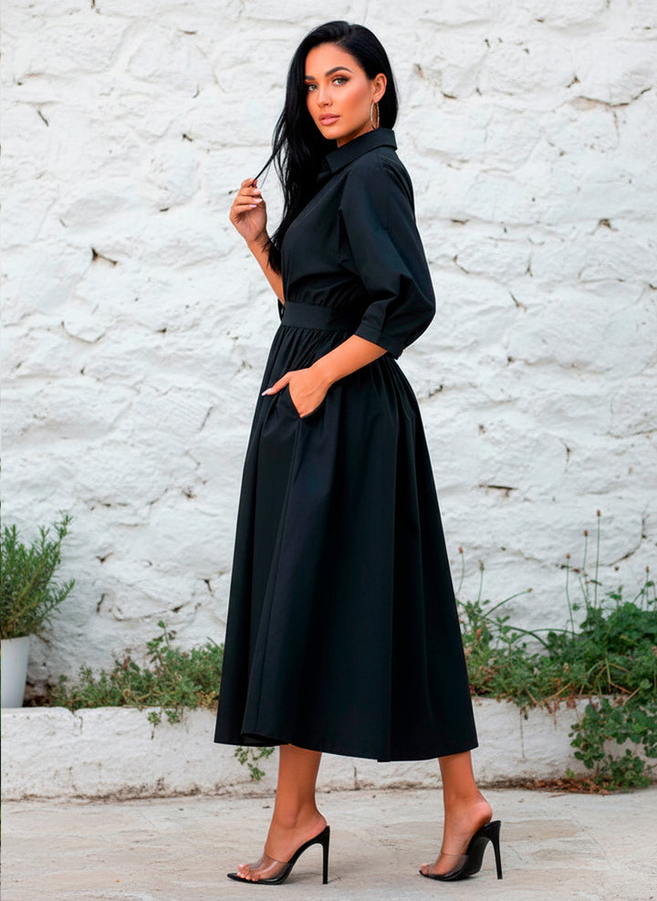 LIZAPONS Vestido Largo Elegante De Manga Larga Y Botón Con Bolsillos