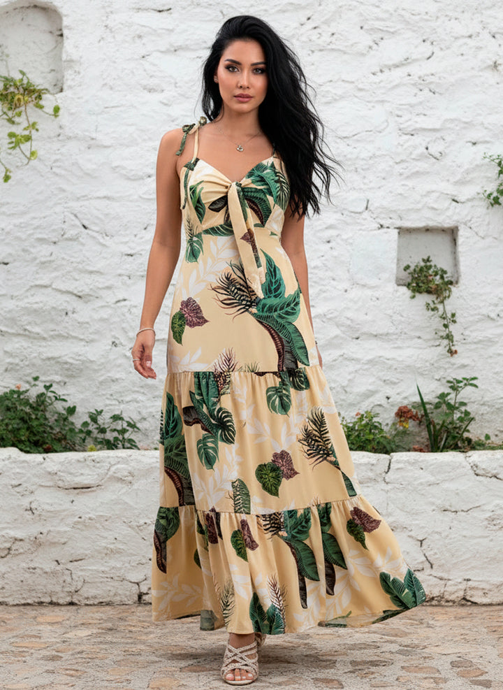 Vestido Largo Estampado Tropical Fresco De Tirantes Y Cinta en Escote y Espalda - LIZAPONS