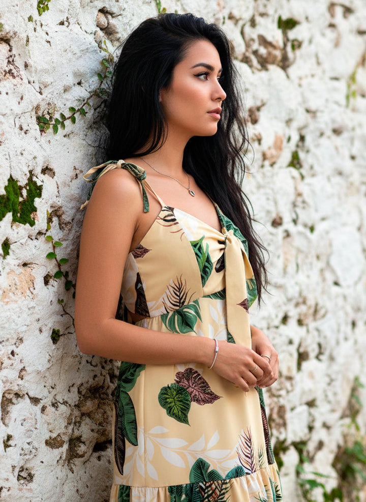 Vestido Largo Estampado Tropical Fresco De Tirantes Y Cinta en Escote y Espalda - LIZAPONS