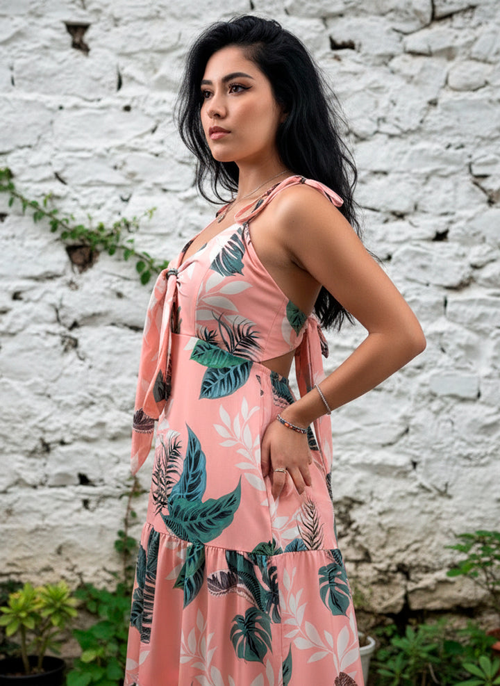 Vestido Largo Estampado Tropical Fresco De Tirantes Y Cinta en Escote y Espalda - LIZAPONS