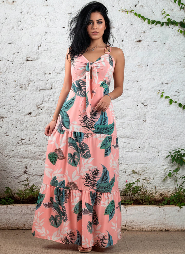 Vestido Largo Estampado Tropical Fresco De Tirantes Y Cinta en Escote y Espalda - LIZAPONS