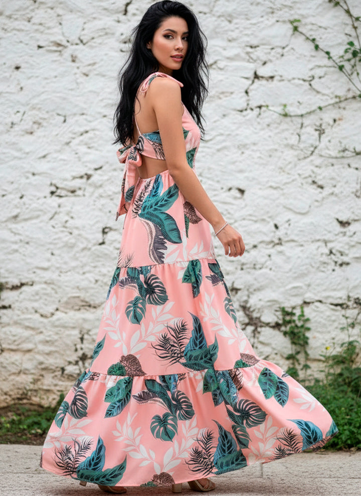 Vestido Largo Estampado Tropical Fresco De Tirantes Y Cinta en Escote y Espalda - LIZAPONS