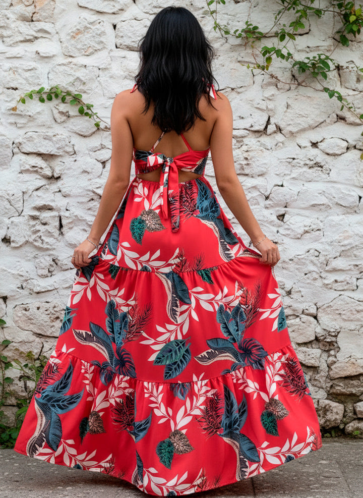Vestido Largo Estampado Tropical Fresco De Tirantes Y Cinta en Escote y Espalda - LIZAPONS