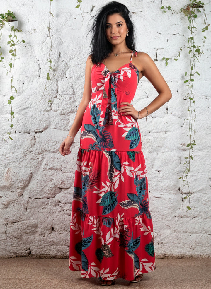 Vestido Largo Estampado Tropical Fresco De Tirantes Y Cinta en Escote y Espalda - LIZAPONS