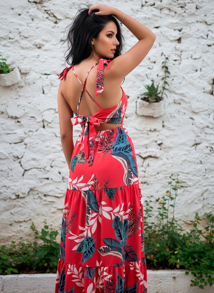 Vestido Largo Estampado Tropical Fresco De Tirantes Y Cinta en Escote y Espalda - LIZAPONS
