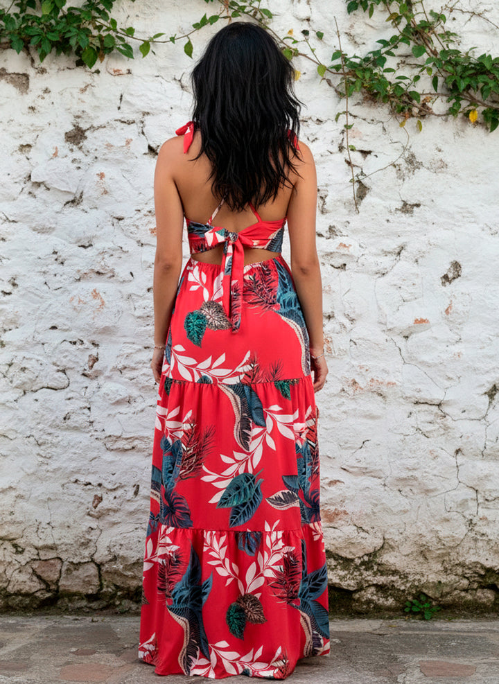 Vestido Largo Estampado Tropical Fresco De Tirantes Y Cinta en Escote y Espalda - LIZAPONS