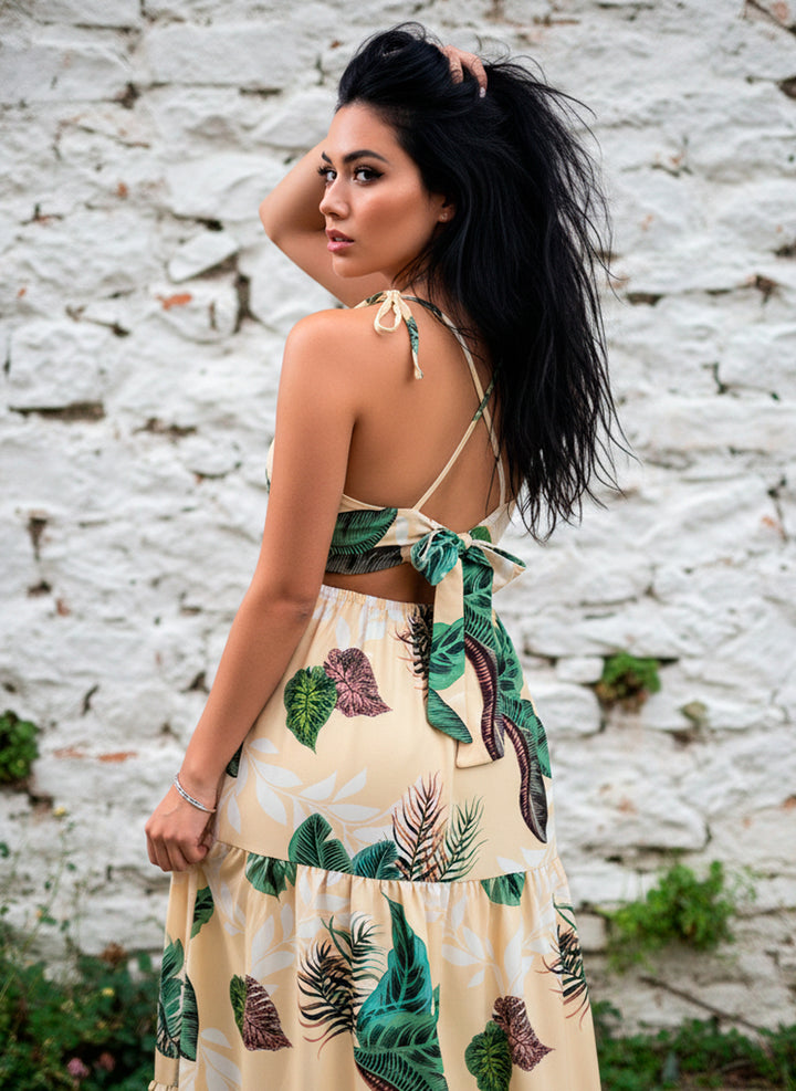 Vestido Largo Estampado Tropical Fresco De Tirantes Y Cinta en Escote y Espalda - LIZAPONS