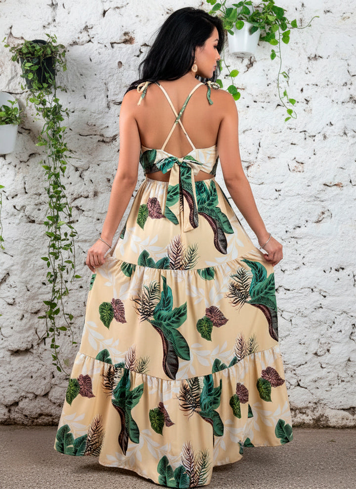 Vestido Largo Estampado Tropical Fresco De Tirantes Y Cinta en Escote y Espalda - LIZAPONS
