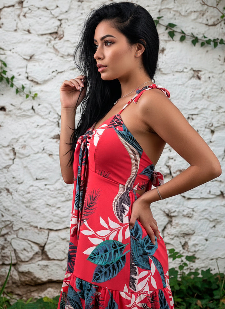 Vestido Largo Estampado Tropical Fresco De Tirantes Y Cinta en Escote y Espalda - LIZAPONS
