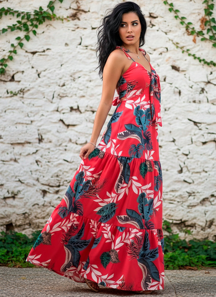 Vestido Largo Estampado Tropical Fresco De Tirantes Y Cinta en Escote y Espalda - LIZAPONS