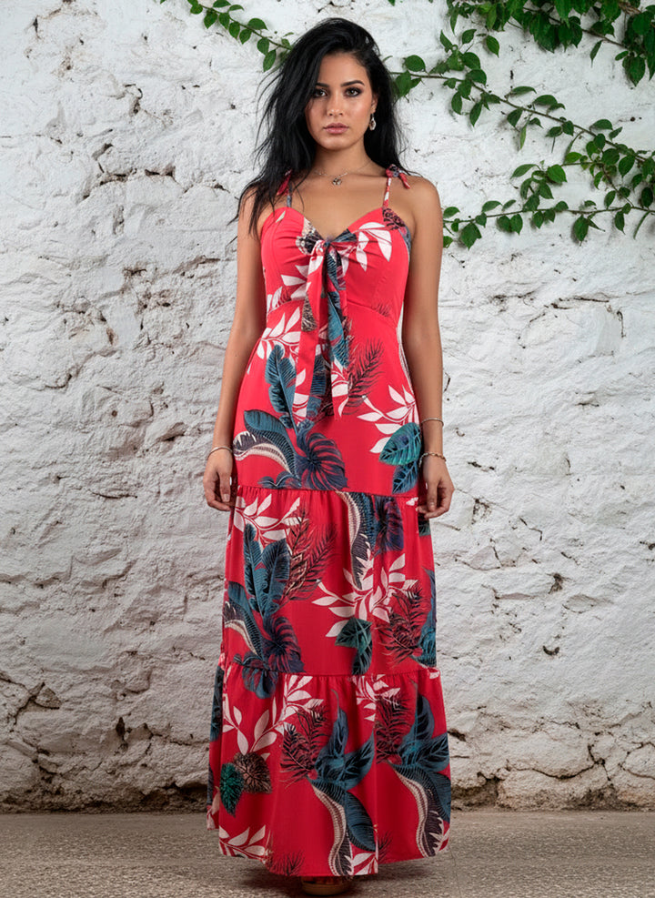 Vestido Largo Estampado Tropical Fresco De Tirantes Y Cinta en Escote y Espalda - LIZAPONS